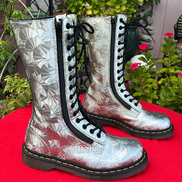 Dr. Martens Holographic Silver Prism Tall 14 Eye Lace Up & Side Zip Boots - Picture 16 of 17